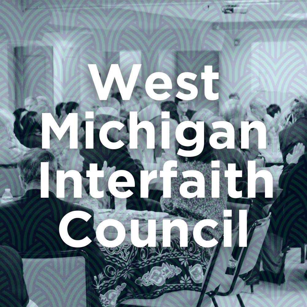 "West Michigan Interfaith Council" written in white over background of weave pattern and photo of group meeting
